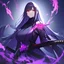 Placeholder: Clear Focus High resolution, black long hair, red eyes, holding glowing purple duel katanas, purple lighting in background, black and purple warrior outfit, serious face expression.