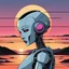 Placeholder: sad robot in front of a sunset in the style of Patrick Nagel