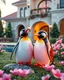 Placeholder: Generate image: Generate image: Generate image: A macro 3D render of a cute, lovely Penguins,made of Transparent, glossy,colored jellatin. is landing in yard of a luxury villa next to flowers ,subsurface scattering and gelatinous texture . High-quality CGI, octane render, 8k resolution, whimsical, adorable, clean composition. long shot ,4:3