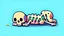 Placeholder: Cute chibi-style bony animal skeleton, big ribs pointing up while lying on the ground, cartoony, colorful, exaggerated, simplified,