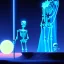 Placeholder: The Grim Reaper and the Skeleton in Tron world, discussing the future of the universe, art by Magritte and Pixar