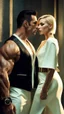 Placeholder: Jason david frank muscular male with short dark hair, wearing a designer suit, whispering in ear of young blonde woman, with short hair, wearing short white dress. hyper realistic