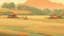 Placeholder: Rice field，Trees，Warm color palette，Animation，A lovely grasshopper，People who work