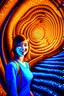 Placeholder: awake inside a dream, woman smiling online in the style of escher, spray paint, photo realism, trending on art station, 8k, depth of field, down light, light rays, volumetric, reflective spiral staircase, blue, yellow, golden brown and orange