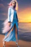 Placeholder: half body shot,realistic portrait of a 20-25 old caucasian model, long blue pink flowing hair, great grey eyes, blue leather jacket,full body, short white skirt,long legs,standing at beach of very nive lake with sunset ,clouds,godrayes