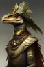 Placeholder: anthropomorphic monitor lizard, female, wearing a feathered headdress and necklace, wearing leather armor