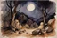 Placeholder: Night, mountains, rocks, dry trees, gothic horror films influence, john singer sargent watercolor paintings