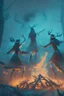 Placeholder: witches dancing around a bonfire, prehistoric forest, trending art, 8k, depth of field, volumetric fog, hi detail, spray paint