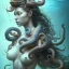 Placeholder: Sango fantasy, fantasy magic, intricate, sharp focus, illustration, highly detailed, digital painting, concept art, matte, art germ and Paul Lewin and Kehinde Wiley, masterpiece Japanese mermaid head bronze octopus' Asian African girl nice breast Thai hair turquoise silver blue under water