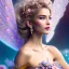 Placeholder: enlighten, light pink pink colors, beautiful portrait of happy smiling blond bright fairy with wings, crystals, blue silk dress, blue sky, flowers landscape water river . depth of field, 8 K, fantasy