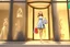 Placeholder: 3D video game character elegant young woman enthusiastically and cheerfully comes out of a fashion store, on her arms several elegant branded paper bags, in the window clothes and shoes, S<AI in sunshine