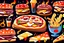 Placeholder: Pizza, sandwich, hamburger, baguette bread, french fries, pizza cheese, soda, and sauce with a dark color theme and barbecue flames.