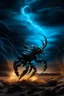 Placeholder: Black emperor Scorpio emblem on a burning landscape background With its Tail curled up behind his back ready to strike and from claws grasping under a storming sky with blue lightening striking around it