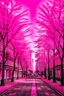 Placeholder: Ultra-realistic photo of trees with pink leaves in a city