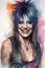 Placeholder: text "MOTLEY CRUE", head and shoulders portrait, Miss Motley Crue - well-shaped, perfect figure, perfect face, laughing, a multicolored, watercolor stained, wall in the background, professional quality digital photograph, 4k, 8k, 32k UHD, Hyper realistic, extremely colorful, vibrant, photorealistic, realistic, sharp, highly detailed, professional quality, beautiful, awesome, majestic, superb, trending on artstation, pleasing, lovely, Cinematic, gorgeous, Real, Life like, Highly detailed,