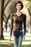 Placeholder: full body in full height, lady, beautiful face, stunningly beautiful, beauty in perfection, domineering, dark brown short hair, narrow cheeks, ultra slim, ultra fragile. physique, slim body, very flat chest, flawless skin, charming, very narrow face, very pale, light eyes. clothes in jeans and sweaters, in the background there is a park, high resolution 8K, clear and beautiful detail, Ultra HD full-length, full-length.