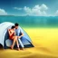 Placeholder: 2 lovers last kiss in sand island with tent and river background