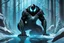 Placeholder: Shadow symbiote in 8k graphics novel drawing style, bear them, neon ice power, ice forest, highly detailed, high details, detailed portrait, masterpiece,ultra detailed, ultra quality