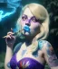 Placeholder: Ultra realistic wonderland photo, happy blonde woman smoking a shisha, blue dress, big purple-cat friend, circus dress style, old school tattoo, smoke, marijuana garden, glow eyes, perfect iris, soft color, highly detailed, unreal engine 5, cinematic, ultra detail, volumetric lighting, high definition.