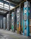 Placeholder: A gray factory with iron clocks designed in pacific Northwest totem poles painted by Qiu Ying