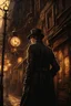 Placeholder: man in dark clothing, hiding around a corner., looking out on a brightly lit steampunk street