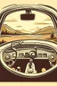 Placeholder: A vintage car phone with a curly cord, attached to the dashboard of a classic automobile. A scenic mountain highway stretches out in the background through the open window. Style: Retro travel, Mood: Adventurous, Lighting: Warm sunlight streaming through the window, T-shirt design graphic, vector, contour, white background.