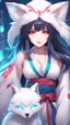 Placeholder: A close hot picture of Ahri with black hair and Japanese Clothes and nine White fox tail with neon glowing in fantasy world