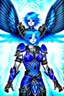 Placeholder: a person in runic armor with blue wings, blue short hair, runic tattoo and spell book