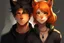 Placeholder: A young adult male with messy black hair, gold eyes, black cat ears, realistic, slight smile standing with a young adult female with short red hair, dark green eyes, large orange fox ears on top of her head, slight smile, pale skin, realistic