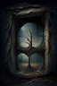 Placeholder: A sturdy and profound window, growing from ground, reveals the hidden depths and dark secrets of human society's intricate relationships.