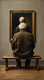 Placeholder: Bosch painting style a rear view of an old man sitting on a bench facing a picture on the wall , show from the back of the picture. The man Turn his face back toward you