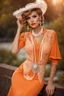 Placeholder: full body beautiful girl, elegant orange,lace clothes of the 80s, luxury style, small elegant hat with feather, hair of the 80s, pearl necklace, earrings masterful, beautiful face