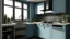 Placeholder: kitchen with blue, on the left side by the window from the bottom up, a microwave and an oven installed in the furniture, and on the right side and next to it an induction hob and a cooker hood above it, on the right side there is a sink and a dishwasher underneath it