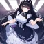 Placeholder: Clear focus,High resolution, black long fluffy hair, long fluffy bangs, purple eyes, wearing a maid outfit but instead of a long dress she is wearing puffy shorts