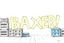 Placeholder: a drawing with sketch lead pencil, The word "BAXER" in yellow floating like a big sign, strong painting, strong expression, BAXER!, BAXER! the word Baxer, WOODEN CRATES AND BLUE BARRELS
