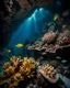 Placeholder: with underwater fauna in an underwater cave. The sun illuminates the coral reef formed by sponges, then a part with some fishs and a huge reef coming from the depths, very detailed, soft and sharp focus, cinematic lighting, atmospheric, photorealistic, 8k, Canon EF 200- 400mm f/4L IS USM Exta, overflowing with sacred light, bright morning.