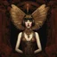 Placeholder: Full Body, Art Nouveau Woman With A Bob With A Fringe Hairstyle, Cleopatra Clothing, Steampunk Metal moth with red wings, Black Background