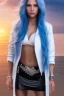 Placeholder: half body shot,realistic portrait of a 20-25 old caucasian model, long blue pink flowing hair, great grey eyes, blue leather jacket,full body, short white skirt,long legs,standing at beach of very nive lake with sunset ,clouds,godrayes