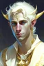 Placeholder: A young tiefling man, with white blonde hair who dresses in gold and white, wearing jewelry