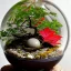 Placeholder: exquisite maple bonsai terrarium in a glass orb, red leaves, petrified wood, pebbles, dewdrops, dappled sunlight, linen backdrop