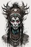 Placeholder: character concept illustration of a world weary, female tribal shaman , maximalist, sharp focus, highest resolution, in the styles of Alex Pardee, Denis Forkas , and Masahiro Ito, boldly inked, 8k, coarse, gritty textures