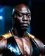 Placeholder: Adewale Akinnuoye-Agbaje x morris cheshunt as a handsome dark skinned and muscular heavy set man with a bald head and neatly trimmed beard. he is wearing a leather waistcoat and no shirt. he has a gold earing in his left ear. he has a dominant expression on his face