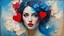 Placeholder: old painting, torn edges, blue, WOMAN, love, red heart, light, flower, double exposure, abstract surreal portrait, oil painting in impressionism, large strokes, airbrush effect, textured painting, antique style, vintage, semi-abstract, semi-realistic, surreal .
