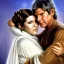 Placeholder: middle age carrie fisher embracing harrison ford in star wars, waist up portrait, photorealistic faces, intricate, masterpiece, expert, insanely detailed, 4k resolution, cinematic smooth, intricate detail , soft smooth lighting, soft pastel colors,