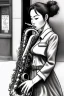 Placeholder: One single mature female cat playing saxophone on the street, swinging dress, Osaka, thoughtful, mourning, model style, hyper realistic, extremely accurate, delicate, extremely detailed, Graphic novel style, wide-angle, open aperture, superfine pencil