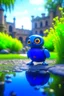 Placeholder: adorable cute chat priest robot with short punk hair and real human reflective eyes, blue fluffy birds by pond in garden of st. Barbara cathedral, its such a perfect day, motion blur, smoke, 8k, downlight, soft light, depth of field, photorealism, trending on art station, lotsa detail