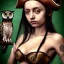 Placeholder: hyper realistic, young small cute girl, short black air, green eyes, with owl tatoo, dressed a steampunk pirate, bra with carved leather, Tintoretto ships in background. salvador dalì style. high details, thunderstorm. 4k, unreal engine Upscale PRO hyper realistic, young small cute girl, short black air, green eyes, with owl tatoo, dressed a steampunk pirate, bra with carved leather, Tintoretto ships in background. salvador dalì style. high details, 4k, unreal engine