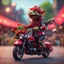 Placeholder: heavy metal kobold strawberry beast business man on motorbike on concert stage with long eyebrows holding a basket of berries ,bokeh like f/0.8, tilt-shift lens 8k, high detail, smooth render, down-light, unreal engine