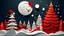 Placeholder: papercut craft of Christmas night, snowman in fluid red and silver, golden red ornaments and pale gift boxes, full moon, Christmas tree,