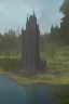 Placeholder: Fantasy three-story Gothic Tower, With A Side Building, On An Island, In A Lake, In Woodland, With A Flying Boat Overhead